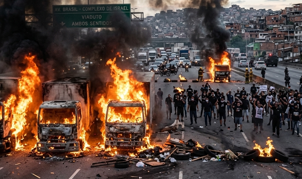 Criminosos ateiam fogo a caminhões e fecham a Av. Brasil em represália a ação da PM no Complexo de Israel