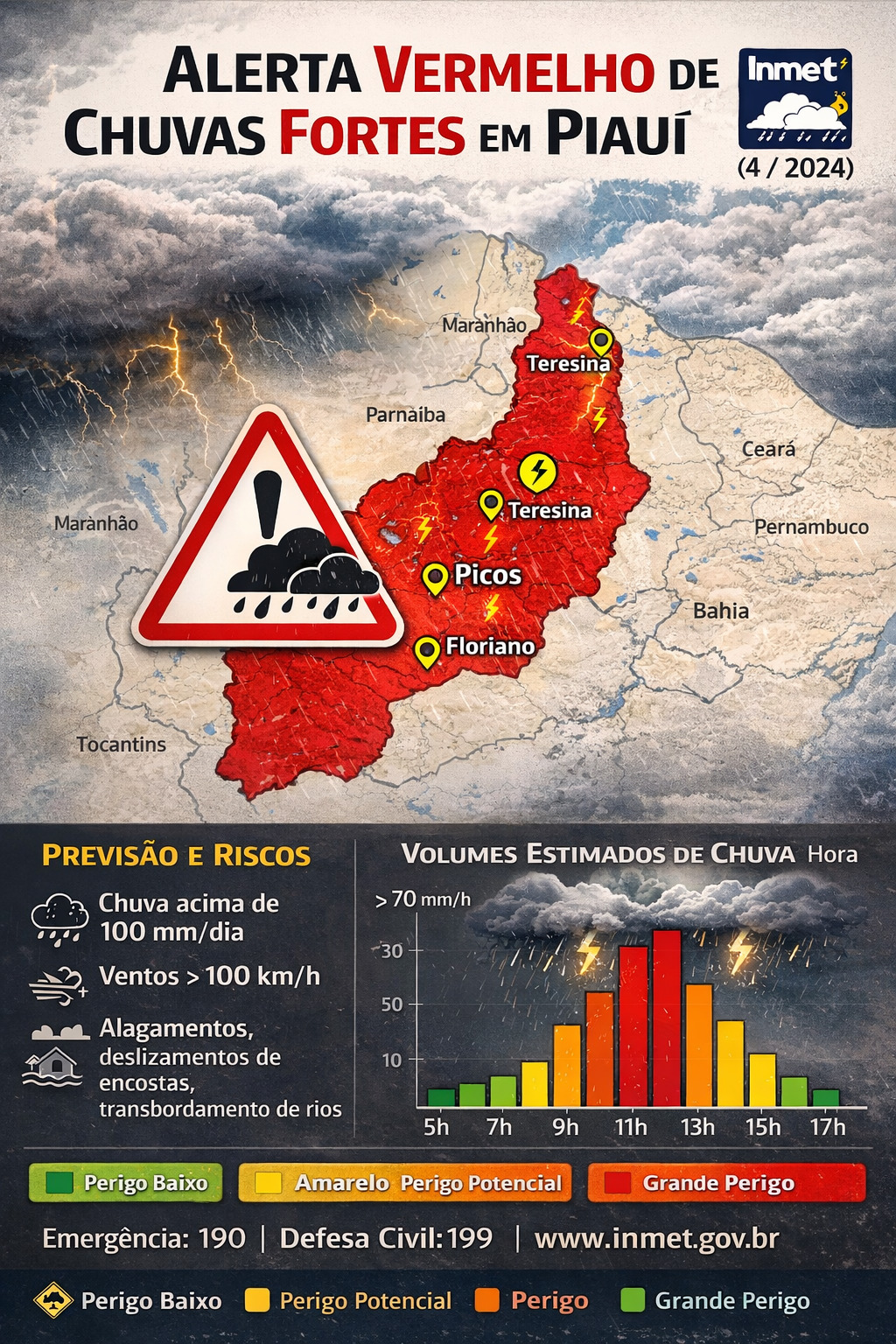 Inmet divulga alerta vermelho para chuvas fortes em todo o Piauí nesta quarta-feira 4