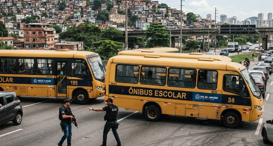Bandidos tomam ônibus escolares para fazer barricadas na Linha Vermelha, no RJ